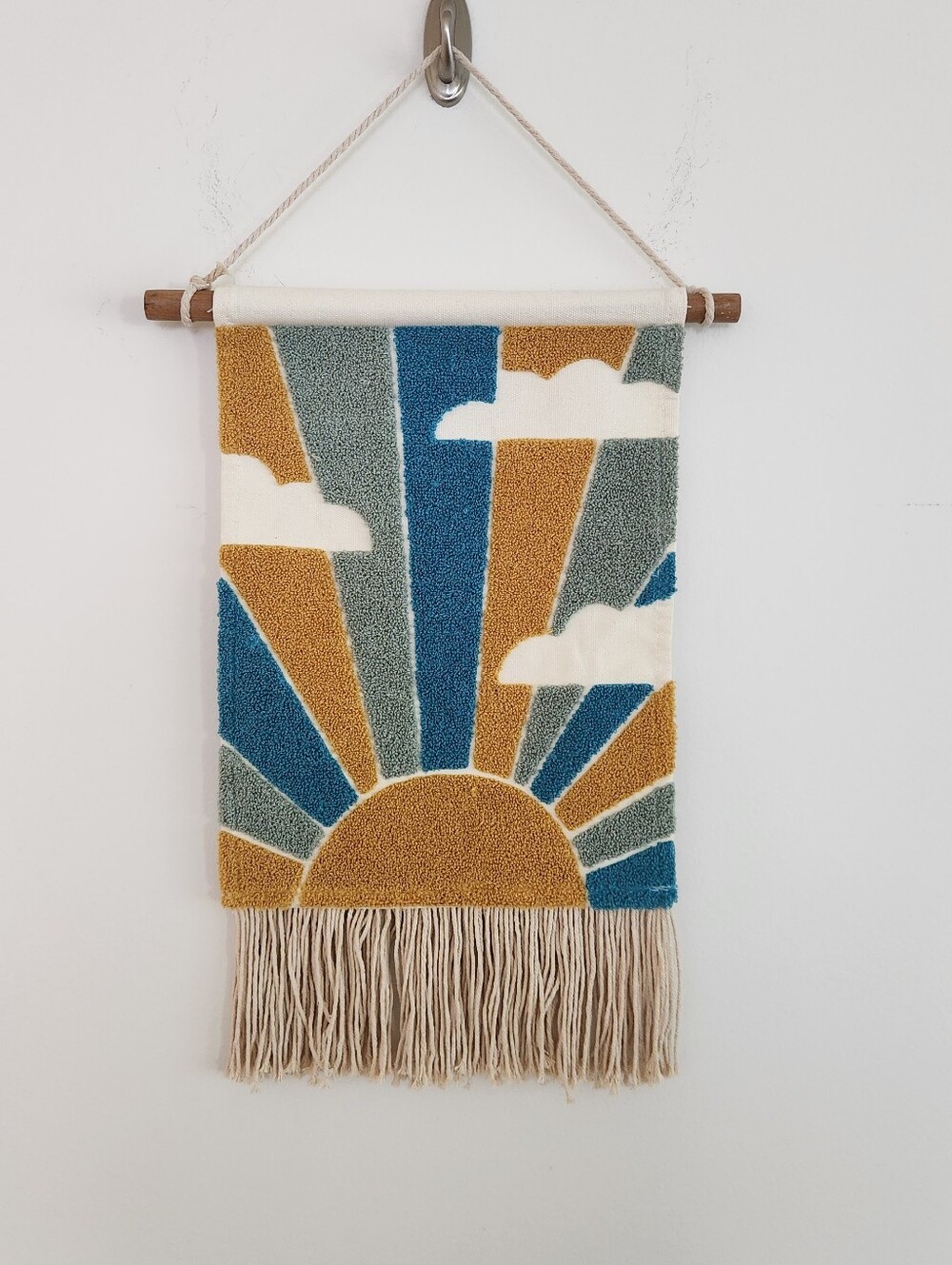 Tufted Sunburst Clouds Wall Hanging Blue Mustard Green Fringe